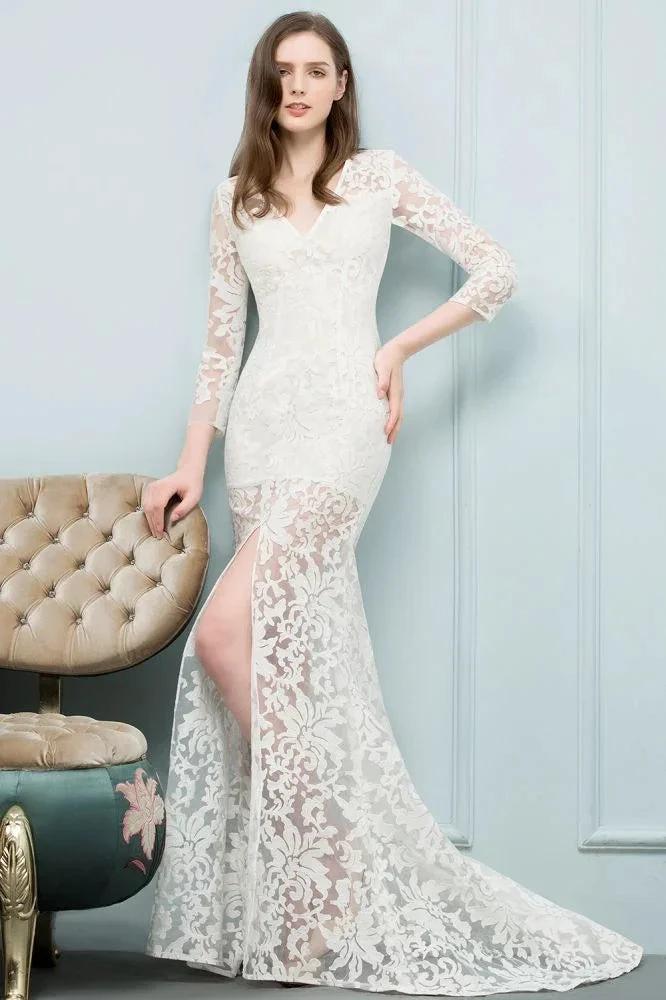 V-neck Floor Length Mermaid Lace Prom Dresses with Sleeves by misshow.com