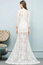 V-neck Floor Length Mermaid Lace Prom Dresses with Sleeves by misshow.com