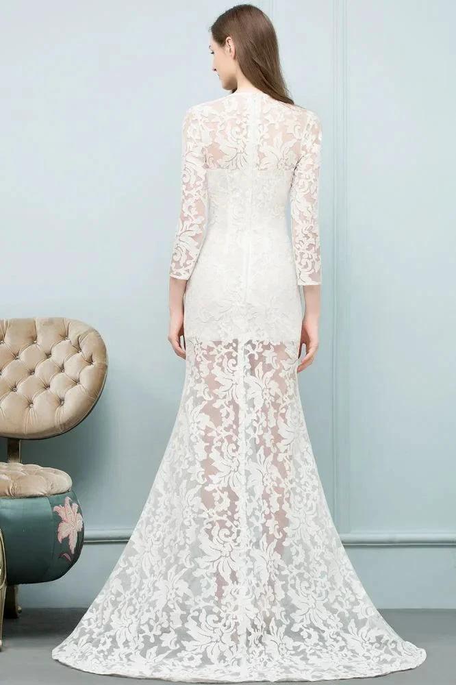 V-neck Floor Length Mermaid Lace Prom Dresses with Sleeves by misshow.com
