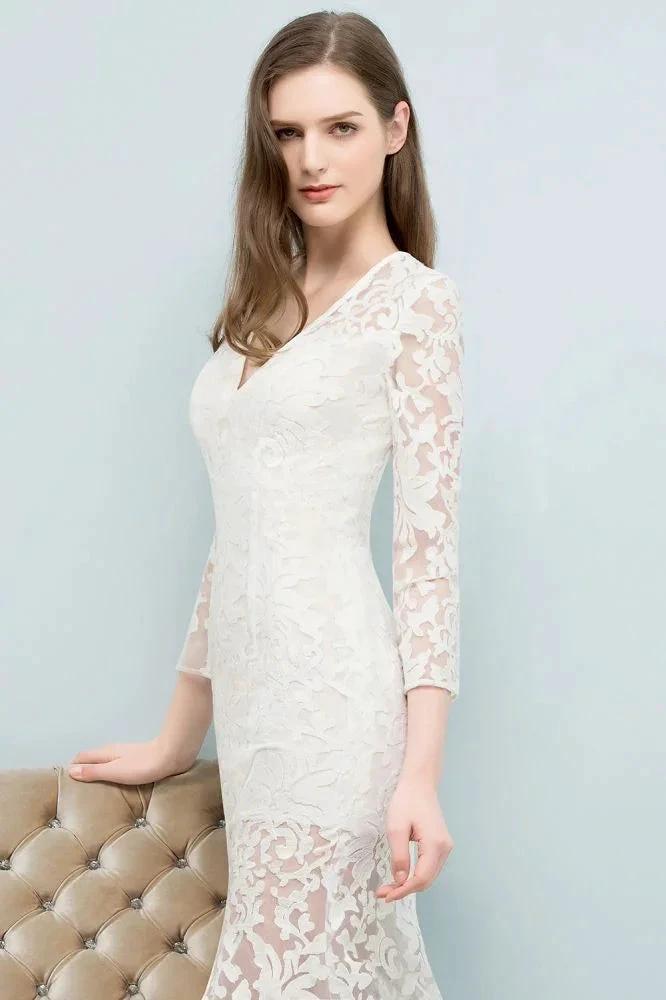 V-neck Floor Length Mermaid Lace Prom Dresses with Sleeves by misshow.com