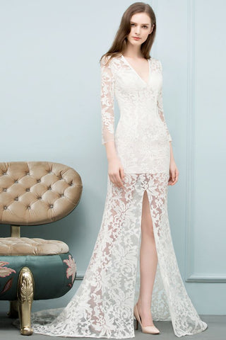 V-neck Floor Length Mermaid Lace Prom Dresses with Sleeves