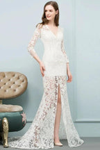 V-neck Floor Length Mermaid Lace Prom Dresses with Sleeves by misshow.com