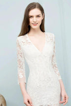 V-neck Floor Length Mermaid Lace Prom Dresses with Sleeves by misshow.com
