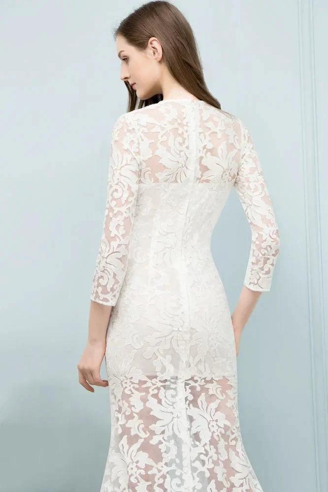 V-neck Floor Length Mermaid Lace Prom Dresses with Sleeves by misshow.com
