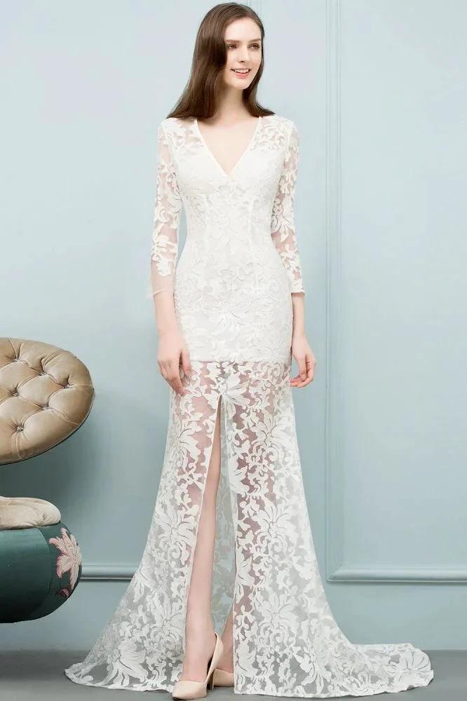 V-neck Floor Length Mermaid Lace Prom Dresses with Sleeves by misshow.com