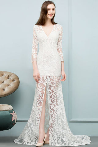 V-neck Floor Length Mermaid Lace Prom Dresses with Sleeves