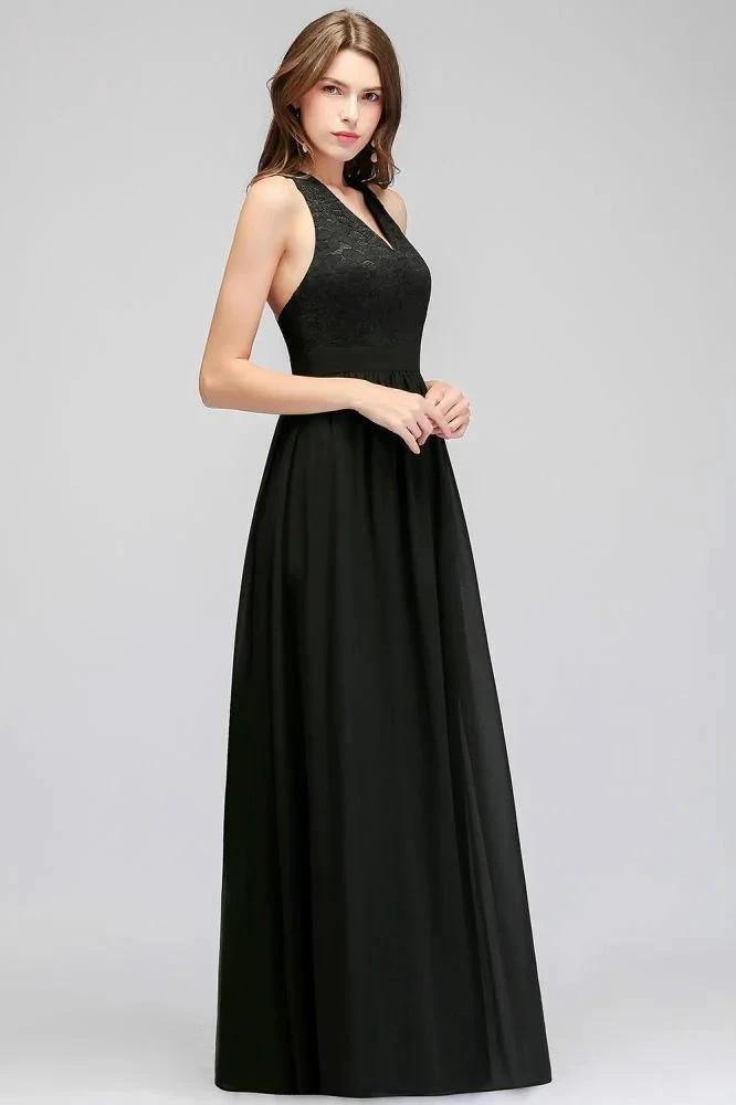 V-neck Floor Length Sleeveless Lace Top Black Bridesmaid Dress by misshow.com