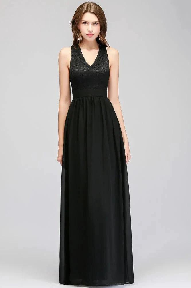 V-neck Floor Length Sleeveless Lace Top Black Bridesmaid Dress by misshow.com