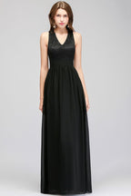V-neck Floor Length Sleeveless Lace Top Black Bridesmaid Dress