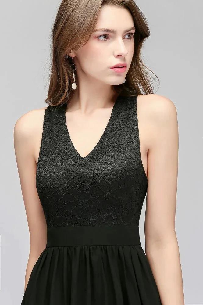 V-neck Floor Length Sleeveless Lace Top Black Bridesmaid Dress by misshow.com