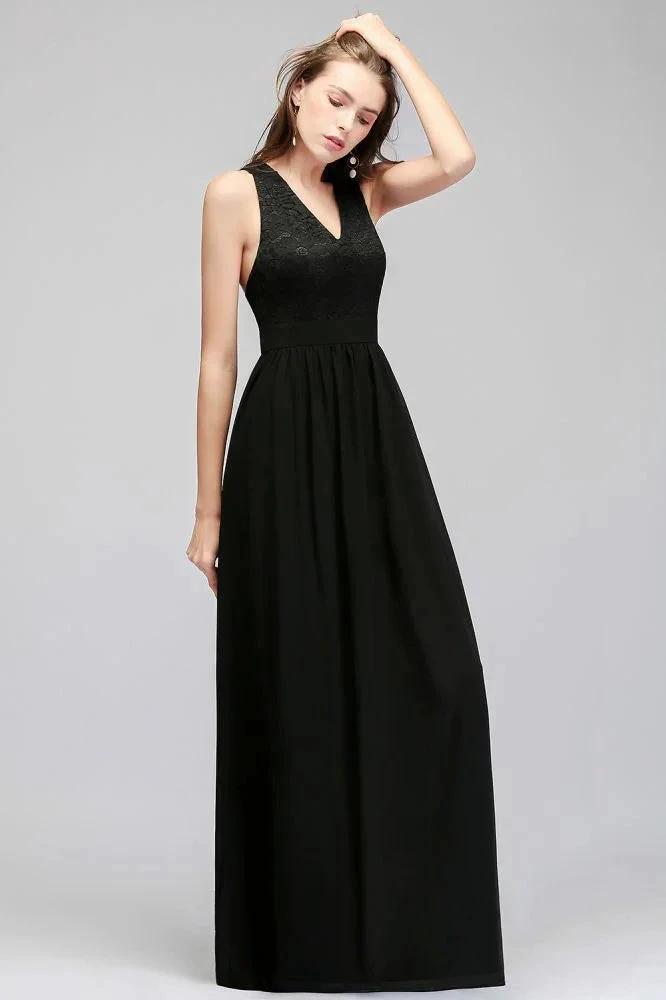 V-neck Floor Length Sleeveless Lace Top Black Bridesmaid Dress by misshow.com