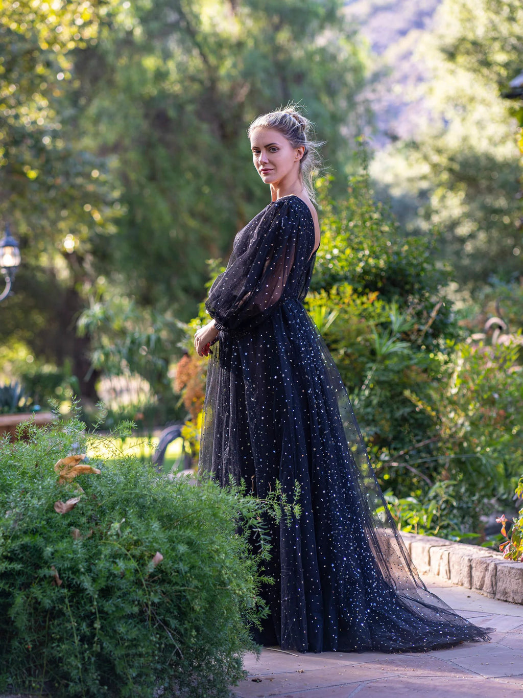 V-neck Starlit Cloud Ruffle Sleeves Floor Length Tulle Prom Dress by Anne of Brittany