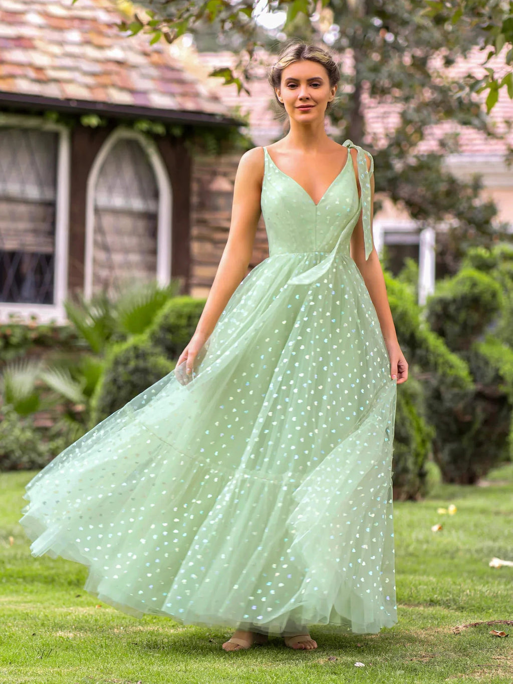 V-neck Dotted Floor Length Tulle Prom Dress by Anne of Brittany
