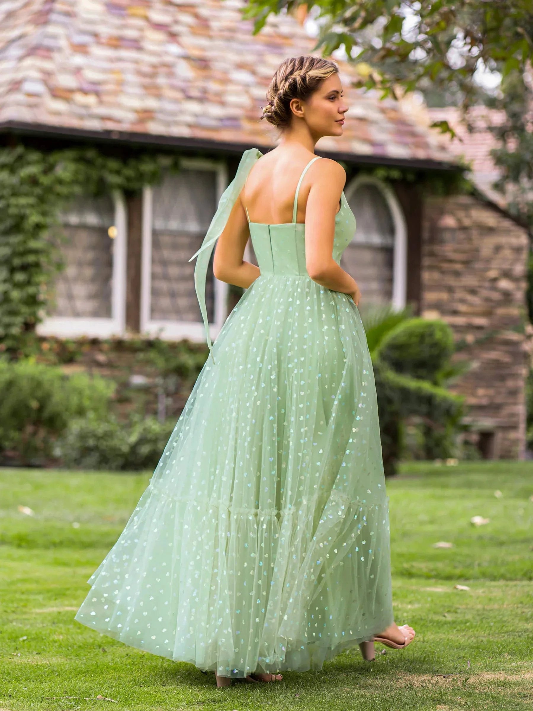 V-neck Dotted Floor Length Tulle Prom Dress by Anne of Brittany