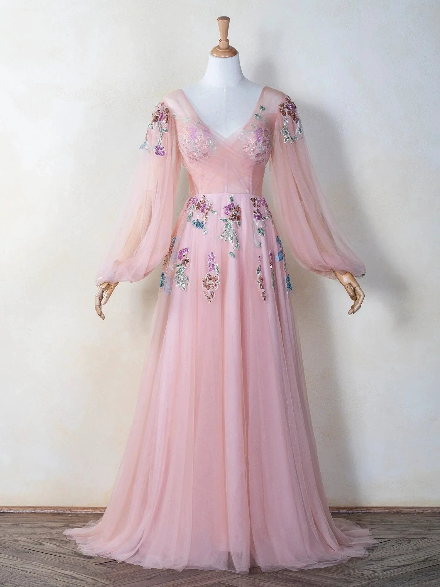 V-neck Embroidery Sequin Floor Length Tulle Prom Dress by Anne of Brittany