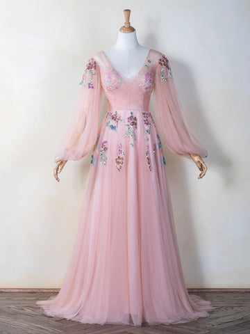Vestido de fiesta de tul con escote en V, bordado con lentejuelas y largo hasta el suelo