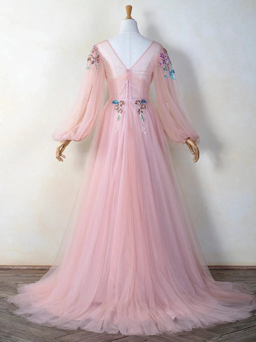 V-neck Embroidery Sequin Floor Length Tulle Prom Dress by Anne of Brittany