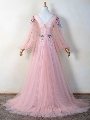 Vestido de fiesta de tul con escote en V, bordado con lentejuelas y largo hasta el suelo