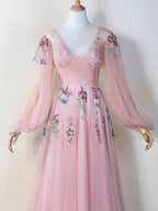 V-neck Embroidery Sequin Floor Length Tulle Prom Dress by Anne of Brittany