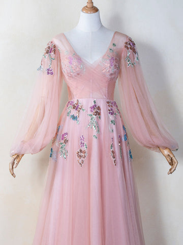 Vestido de fiesta de tul con escote en V, bordado con lentejuelas y largo hasta el suelo