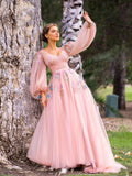 V-neck Embroidery Sequin Floor Length Tulle Prom Dress by Anne of Brittany
