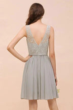 V-Neck Floral Lace Mini Homecoking Dress Grey Simple Chiffon Bridesmaid Dress Party Dress by misshow.com
