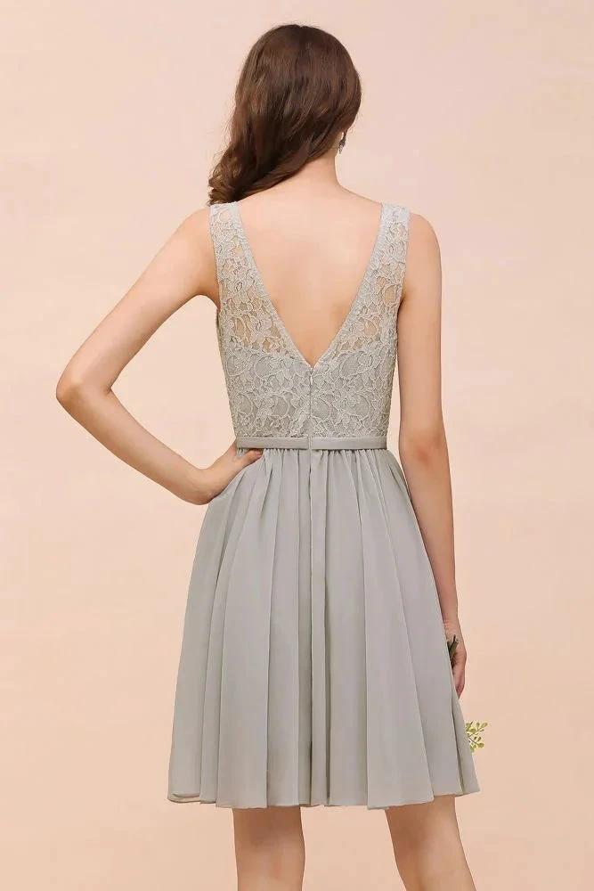 V-Neck Floral Lace Mini Homecoking Dress Grey Simple Chiffon Bridesmaid Dress Party Dress by misshow.com