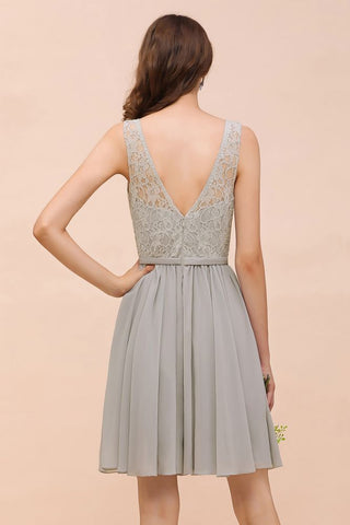 V-Neck Floral Lace Mini Homecoking Dress Grey Simple Chiffon Bridesmaid Dress Party Dress