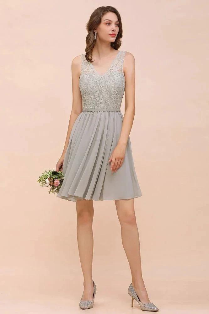V-Neck Floral Lace Mini Homecoking Dress Grey Simple Chiffon Bridesmaid Dress Party Dress by misshow.com