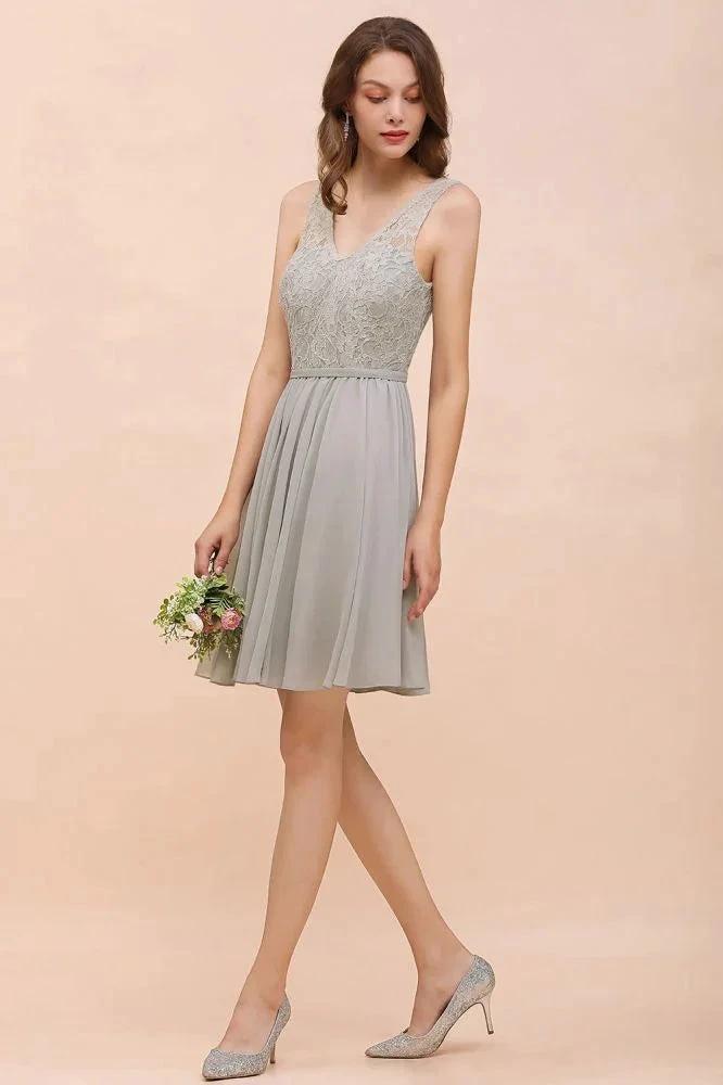 V-Neck Floral Lace Mini Homecoking Dress Grey Simple Chiffon Bridesmaid Dress Party Dress by misshow.com