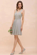 V-Neck Floral Lace Mini Homecoking Dress Grey Simple Chiffon Bridesmaid Dress Party Dress by misshow.com