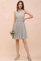 V-Neck Floral Lace Mini Homecoking Dress Grey Simple Chiffon Bridesmaid Dress Party Dress by misshow.com