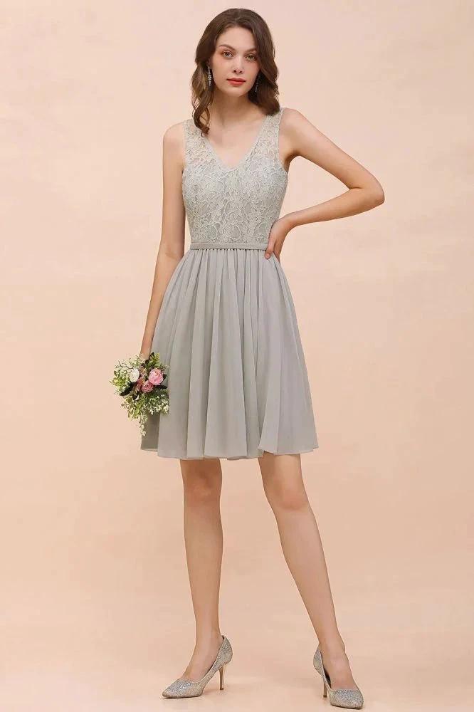 V-Neck Floral Lace Mini Homecoking Dress Grey Simple Chiffon Bridesmaid Dress Party Dress by misshow.com