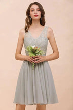 V-Neck Floral Lace Mini Homecoking Dress Grey Simple Chiffon Bridesmaid Dress Party Dress by misshow.com