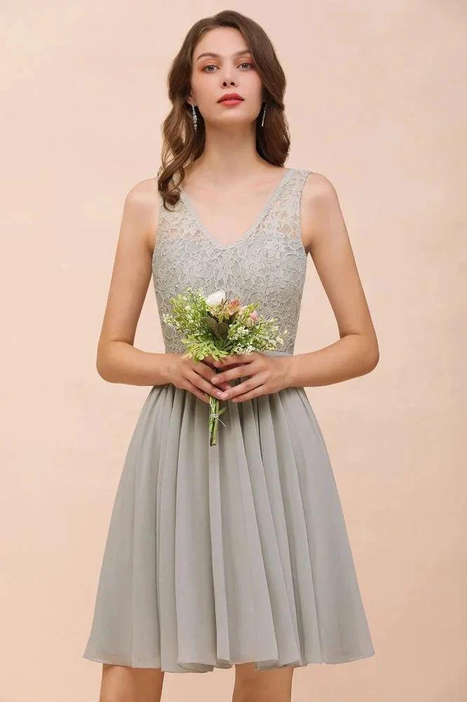 V-Neck Floral Lace Mini Homecoking Dress Grey Simple Chiffon Bridesmaid Dress Party Dress by misshow.com