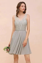 V-Neck Floral Lace Mini Homecoking Dress Grey Simple Chiffon Bridesmaid Dress Party Dress by misshow.com