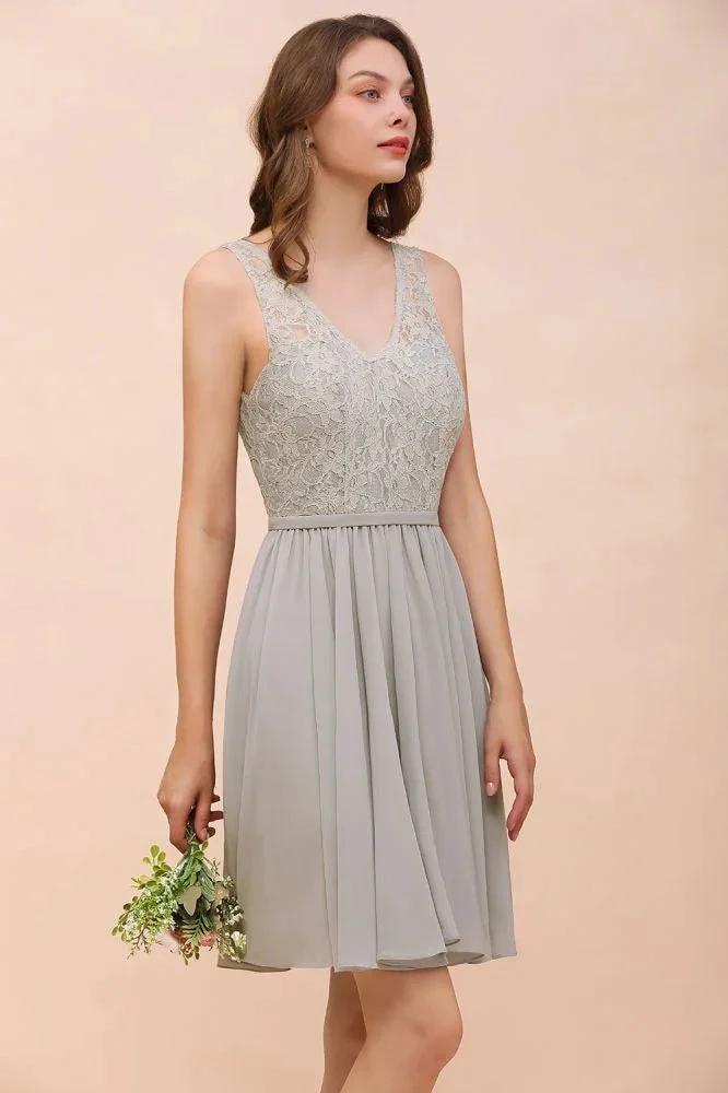 V-Neck Floral Lace Mini Homecoking Dress Grey Simple Chiffon Bridesmaid Dress Party Dress by misshow.com