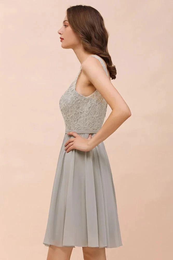 V-Neck Floral Lace Mini Homecoking Dress Grey Simple Chiffon Bridesmaid Dress Party Dress by misshow.com