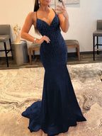 Malia |Mermaid V Neck Red Glitter Satin Prom Dress by KissProm