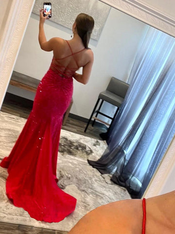 Malia | Vestido de fiesta de satén rojo con brillo y escote en V estilo sirena