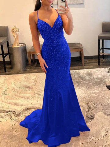 Malia | Vestido de fiesta de satén rojo con brillo y escote en V estilo sirena