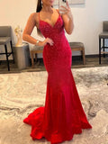 Malia |Mermaid V Neck Red Glitter Satin Prom Dress by KissProm