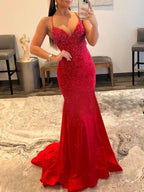 Malia |Mermaid V Neck Red Glitter Satin Prom Dress by KissProm