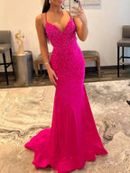 Malia |Mermaid V Neck Red Glitter Satin Prom Dress by KissProm