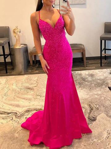 Malia | Vestido de fiesta de satén rojo con brillo y escote en V estilo sirena