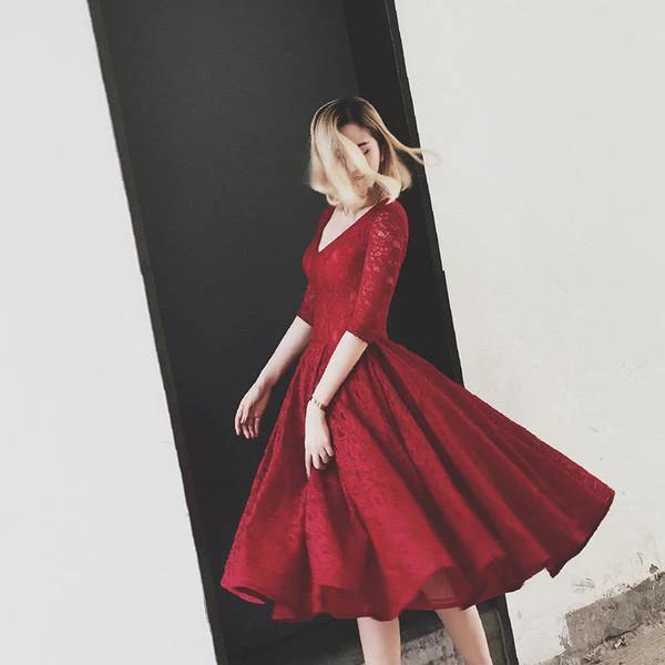 V Neck Half Sleeves Burgundy Lace Homecoming Dress Short Prom Dress PG104 by pgmdress