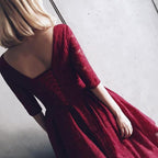 V Neck Half Sleeves Burgundy Lace Homecoming Dress Short Prom Dress PG104 by pgmdress
