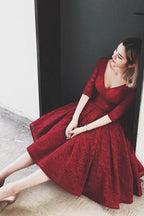 V Neck Half Sleeves Burgundy Lace Homecoming Dress Short Prom Dress PG104 by pgmdress