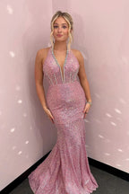 Sylvana | V Neck Halter Sequins Long Mermaid Prom Dresses with Beading by KissProm