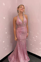 Sylvana | V Neck Halter Sequins Long Mermaid Prom Dresses with Beading by KissProm